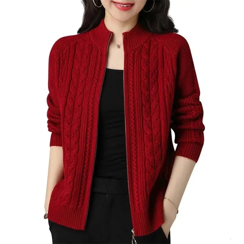 Women's Knits Tees Half High Collar Zipper Knitted Cardigan Jacket Women Autumn Style Solid Color Raglan Sleeve Cardigans Thicken Sweater Coat 23