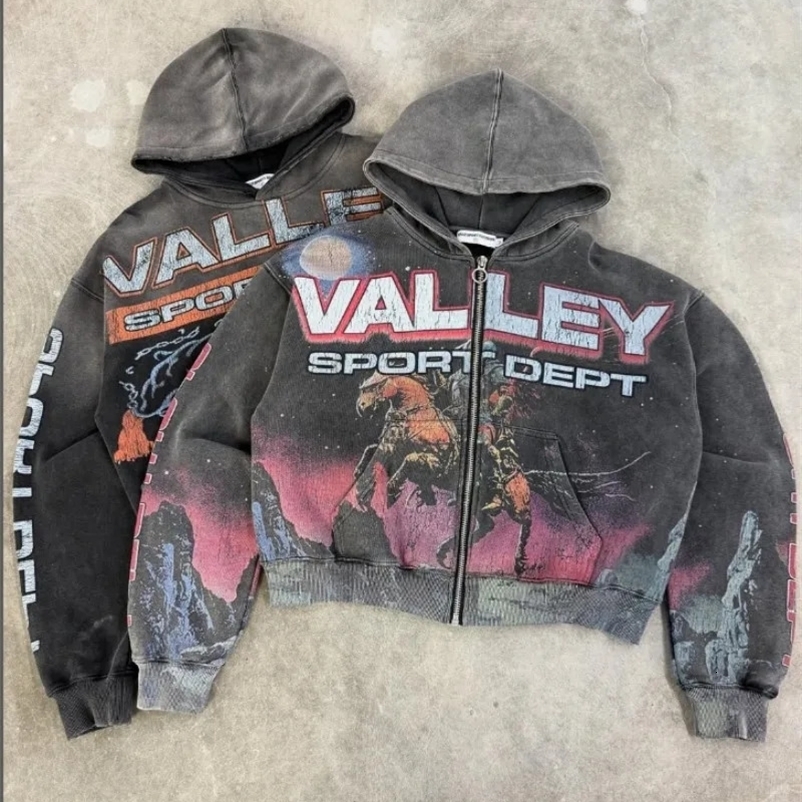 Y2K Zipper Hoodie Men American Retro Washed Letter Printed Sportswear High Street Gothic Fashion Loose Top Unisex Clothing 250225