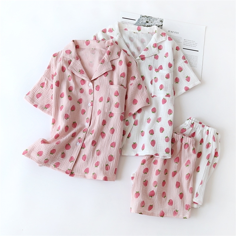 Women's Sleepwear Japanese style summer cotton short-sleeved shorts pajamas suit women double gauze cute strawberry thin home service women 23041