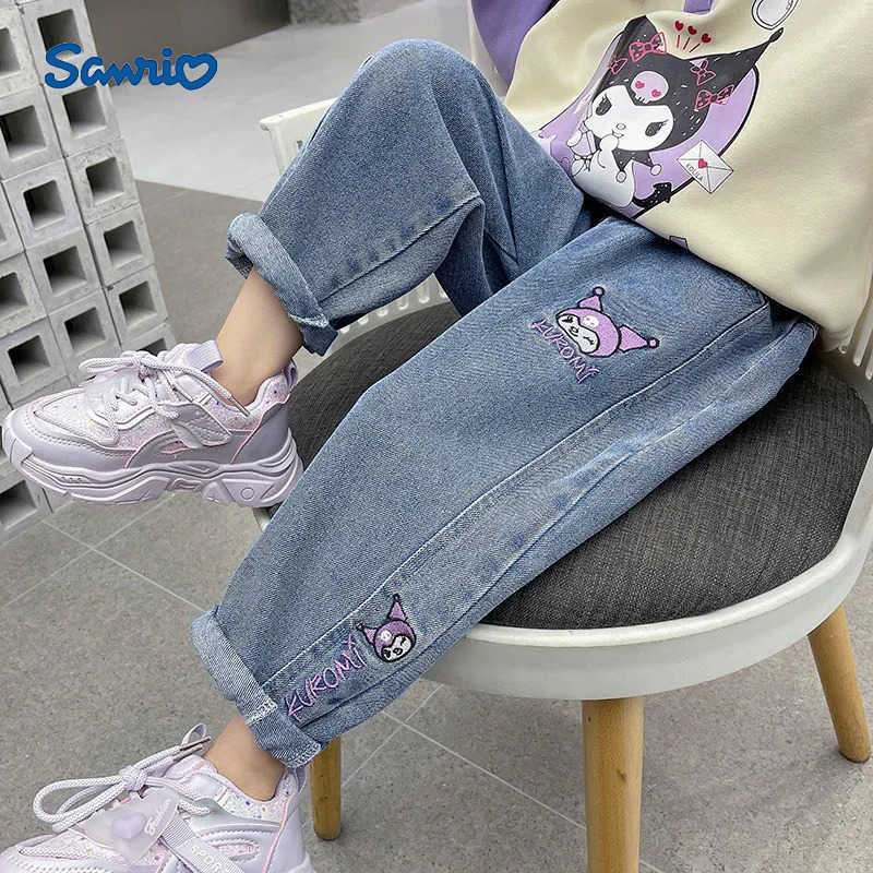 Sanrio New Jeans Korean Cartoon Kawaii Kuromi Childrens Embroidered Versatile Pants Cute Girls Spring and Autumn Pants L250925