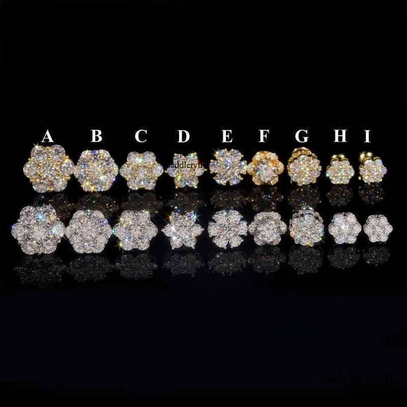 Hot Sale Pass Tester Hip Hop Sier Gold Plated VVS Dia Moissanite Flower Stud Earrings Cluster 44