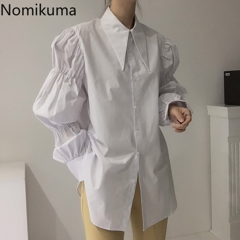 Nomikuma Causal Pleated Puff Long Sleeve Women Blouse Korean Turn-down Collar Vintage Shirt Autumn New Blusas Top 6C702 210427