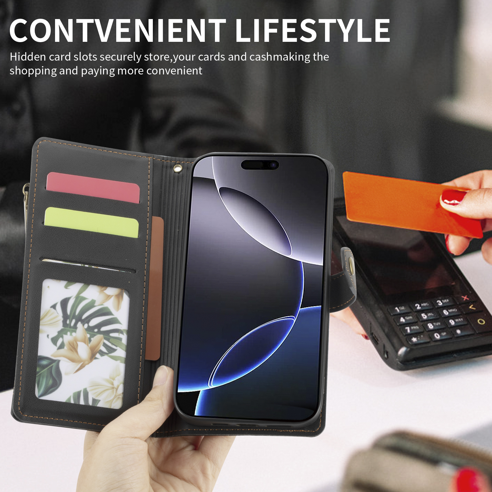 Quilted Leather Wallet Phone Case with Card Slots, Zipper & Wrist Strap, Protective Flip Cover for Mobile Phones