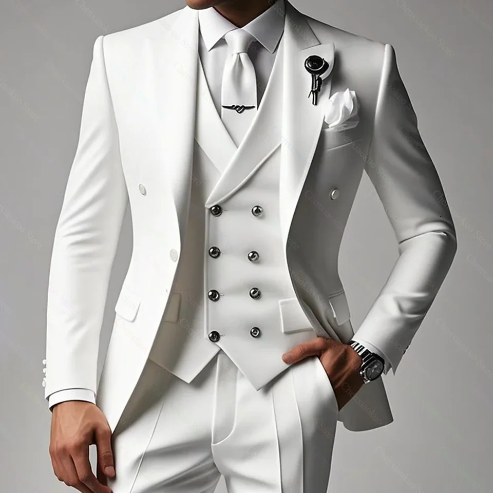 White Men Suits 3 Piece Highend Lapel Solid Color Male Suit Slim Fashion Party Groom Wedding Tuxedos BlazerVestPants 250916Z