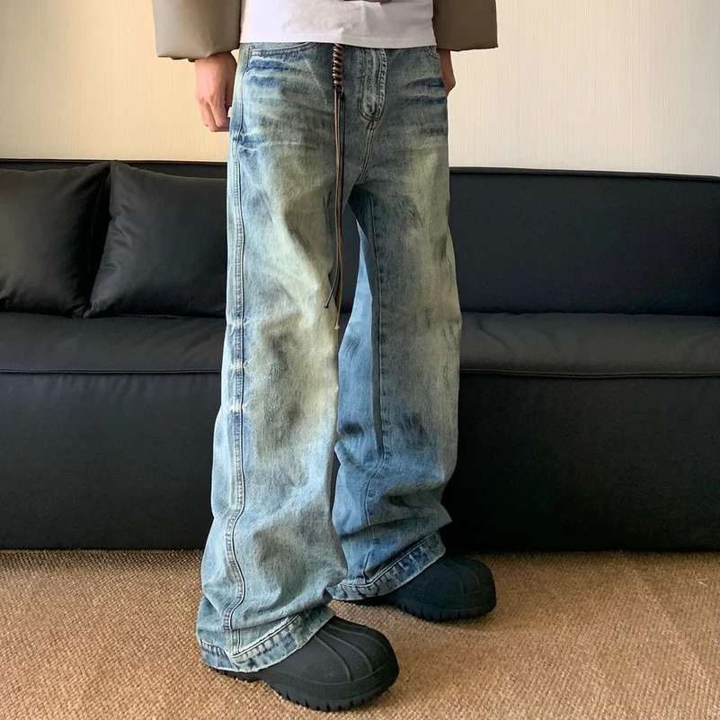 Y2K Splash Ink Jeans Men Baggy Wide Leg Jeans American High Street Washed Stretch Soft Straight Denim Cargo Pants Trousers 250603