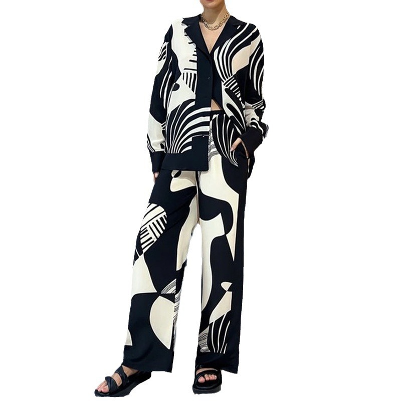 2025 Spring New Women's Elegant Printed Long Sleeve Shirt Wide Leg Pants Fashion Set