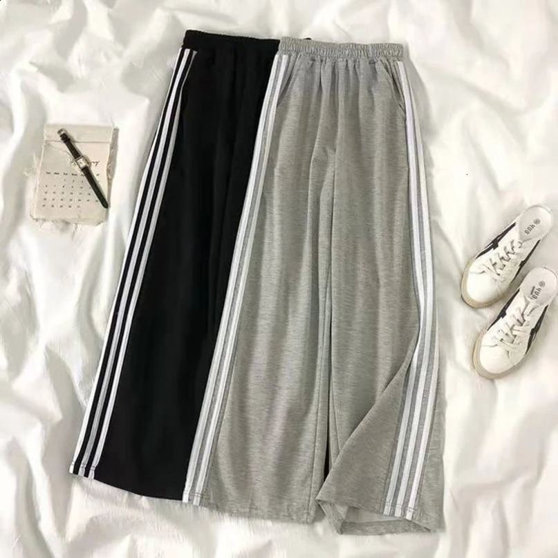 Korean Oversize Striped Sweatpants Women High Waist Casual Wide Leg Pant Harajuku Preppy Style Loose Pockets Trousers 240821