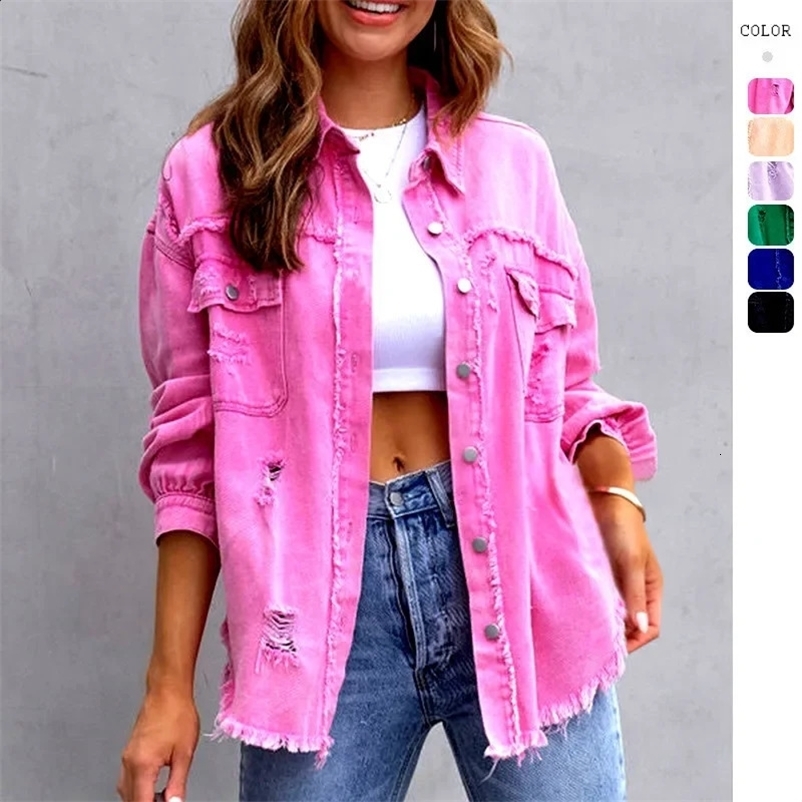 Womens Fashion Pocket Hole Tassel Turndown Collar Denim Button Casual Boho Full Long Sleeve Spring Winter Cardigan Jacket Coats 250317