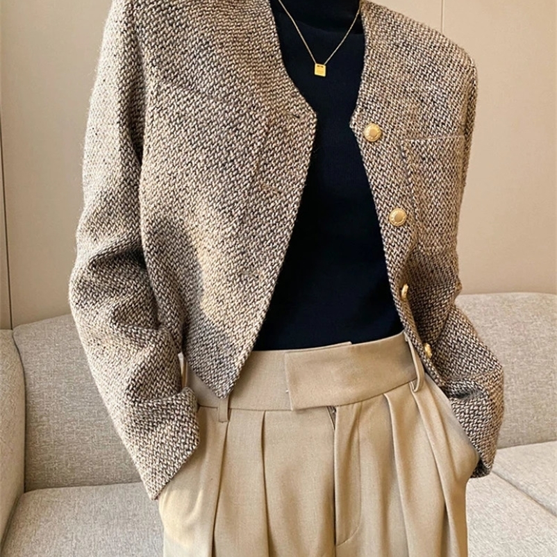 Vintage Cropped Tweed Womens Jacket Fashionable and Elegant Short Jacket Womens Korean Pocket Slimming Single Chest Casual Jacket 240930