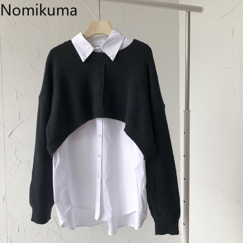 Nomikuma Spring New Women 2pieces Suits Long Sleeve Causal Solid Blouse + Super Short Knitted Pullovers Korean Sets 6E094 210427