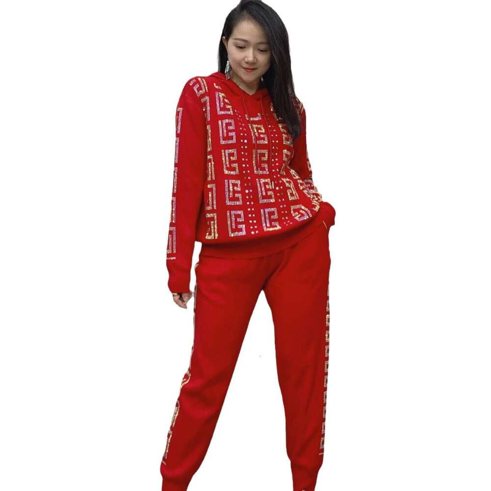 New Spring Women Two-piece Set Shiny Hot Drilling Hooded Pullover Knitted Top + Diamonds Casual Harem Pants Female Suits