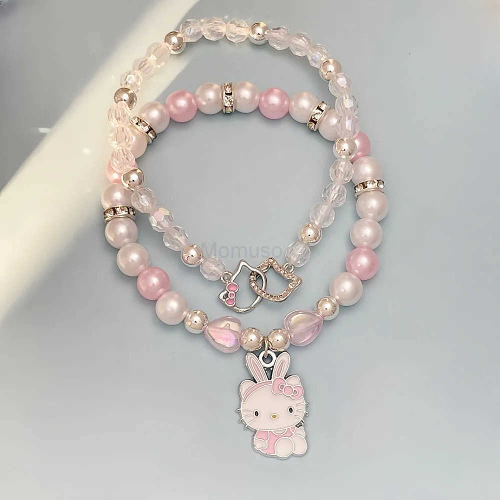 Sanrio 2Pcs Anime Bracelet Set Y2K Hello Kitty Kawaii Cartoon Crystal Beads Bangle Jewelry Gift For Girls Student Accessory L250925