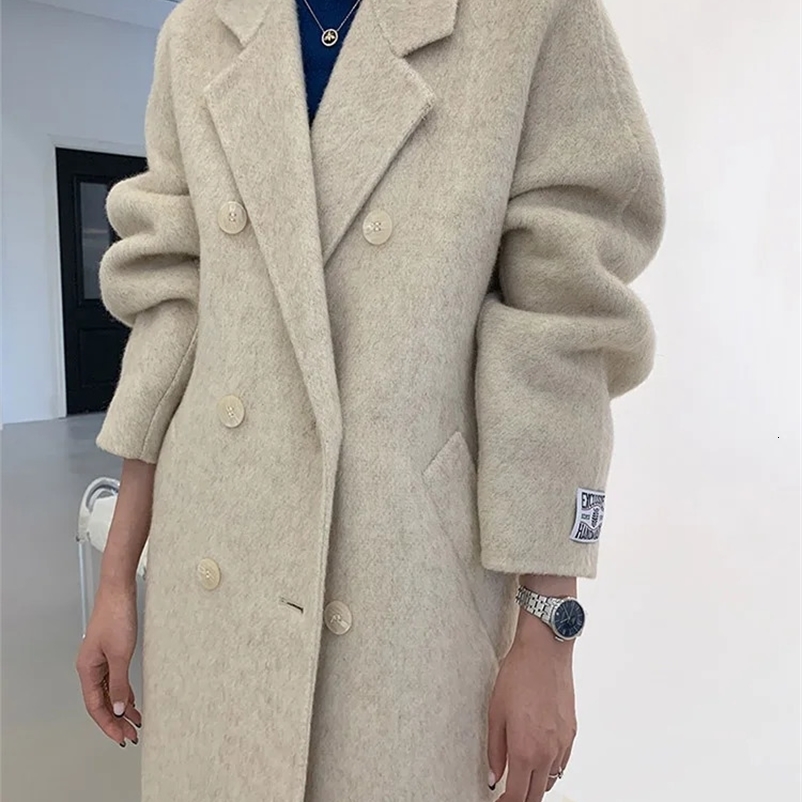 Women's Wool Blends High-end Women Wool Herringbone Loose Double-sided Wool Coat Temperament Handmade Natural Wool Fashion Jacket Autumn Winter 2