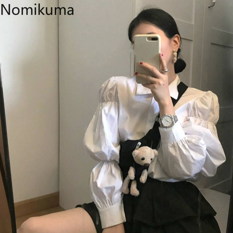 Nomikuma Autumn Women Blouse Korean Pleated Puff Long Sleeve Blusas Causal Turn-down Collar Single Breasted Shirt 6D189 210427