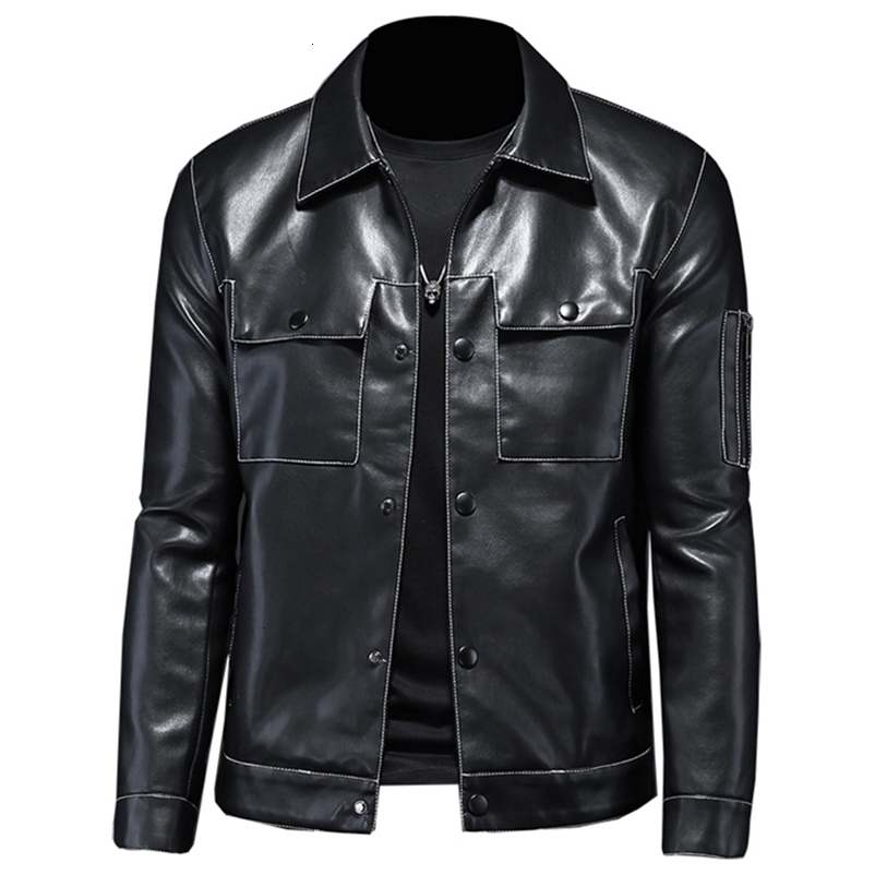 Fall Men's Lapel Multi-Pocket Leather Trendy Motorcycle Leather Jacket Coat British Simple Zipper Slim Casual Male Clothing 211106