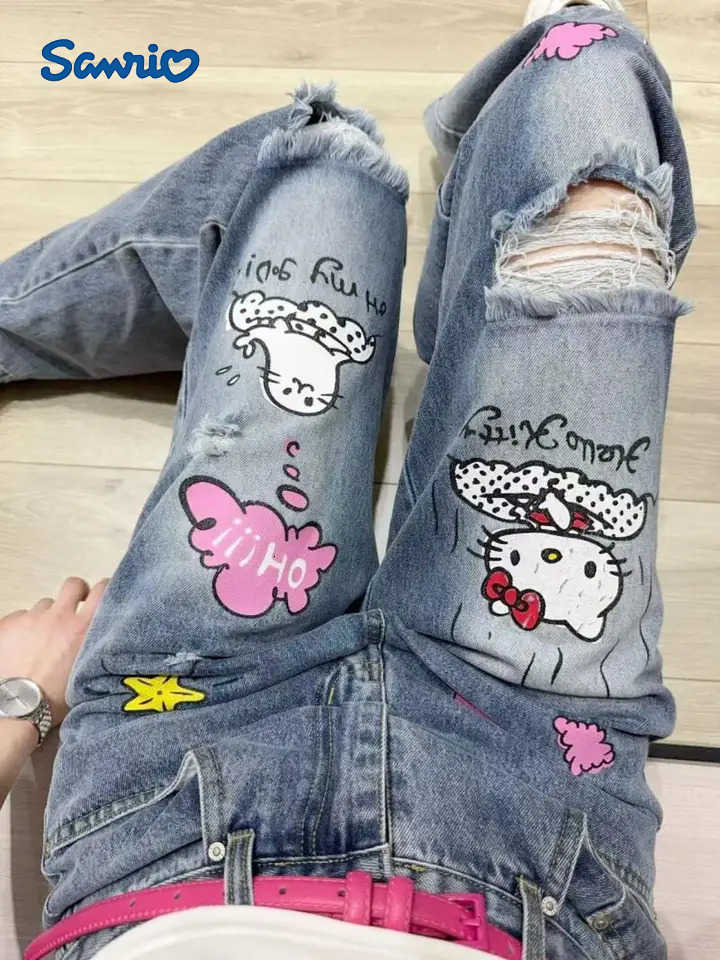 Sanrio Y2K Hello Kitty Jeans American Style Retro Print WideLeg Jeans Loose Slim Jeans Drape Straight Tube TowelWearing Pants L250925