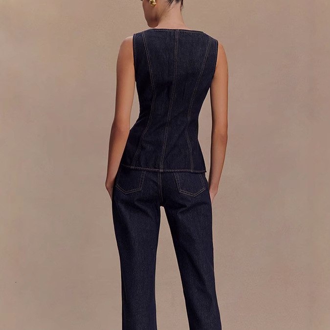 2025 Women's Fashion Modern Style Button High Waist Denim Top and Pants Set 30857