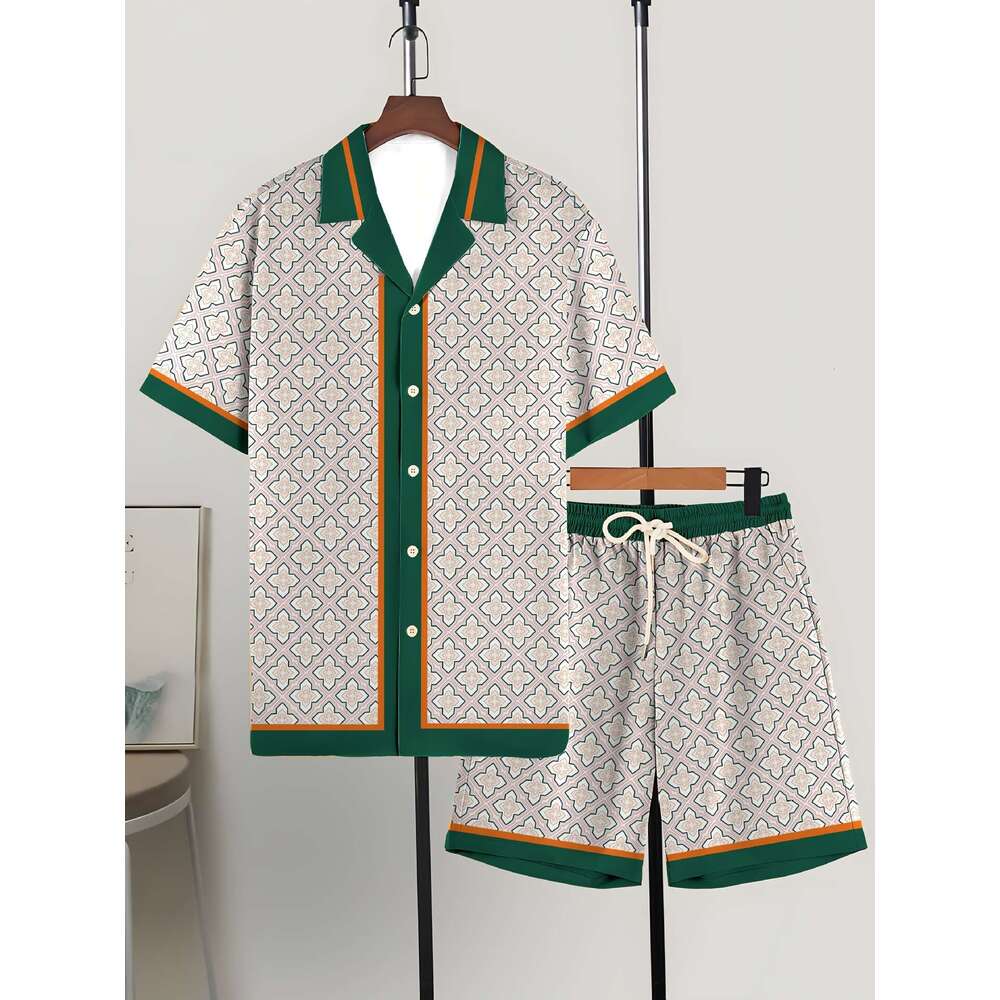 Lanjia- 2025 Casual Trendy Fashion Travel Summer Men's Cuban Collar Shirt Short Sleeve Shorts Set 0Da8f