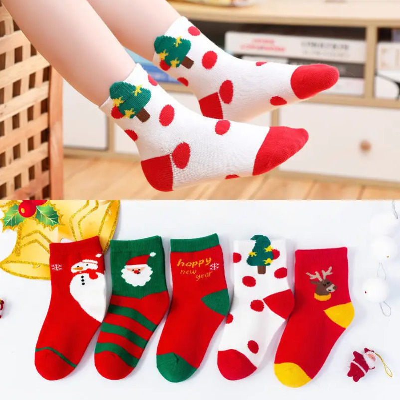 5 pairs of Childrens Christmas Socks Autumn and Winter Cotton Cartoon Boys and Girls Baby Socks 1-12Y 241118