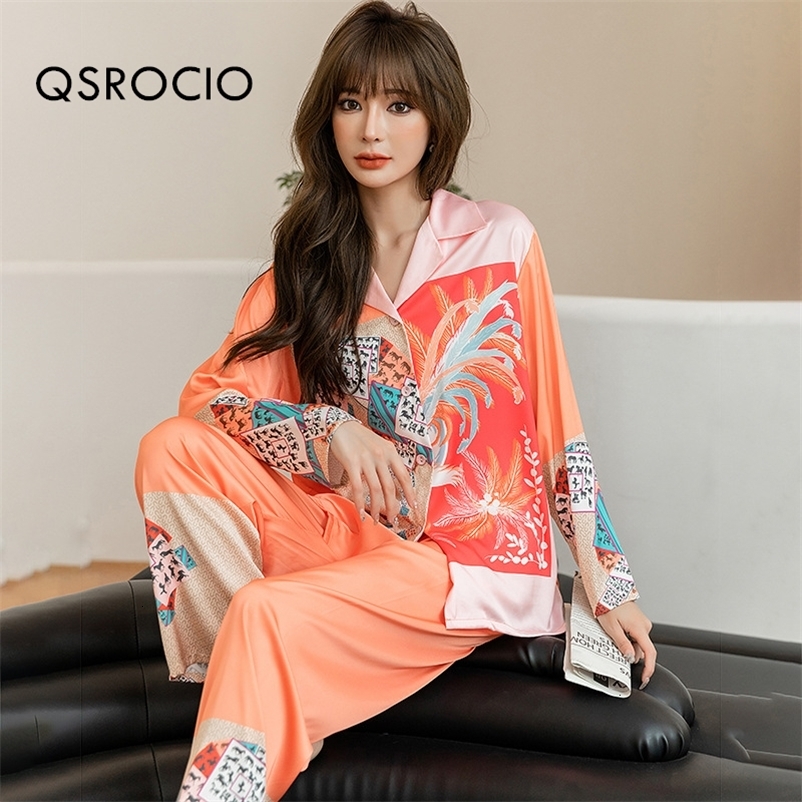 Women's Sleepwear QSROCIO High Quality Women's Pajamas Set Plant Print Silk Like Homewear Sleepwear Elegant Nightwear Femme Leisure Home Clo