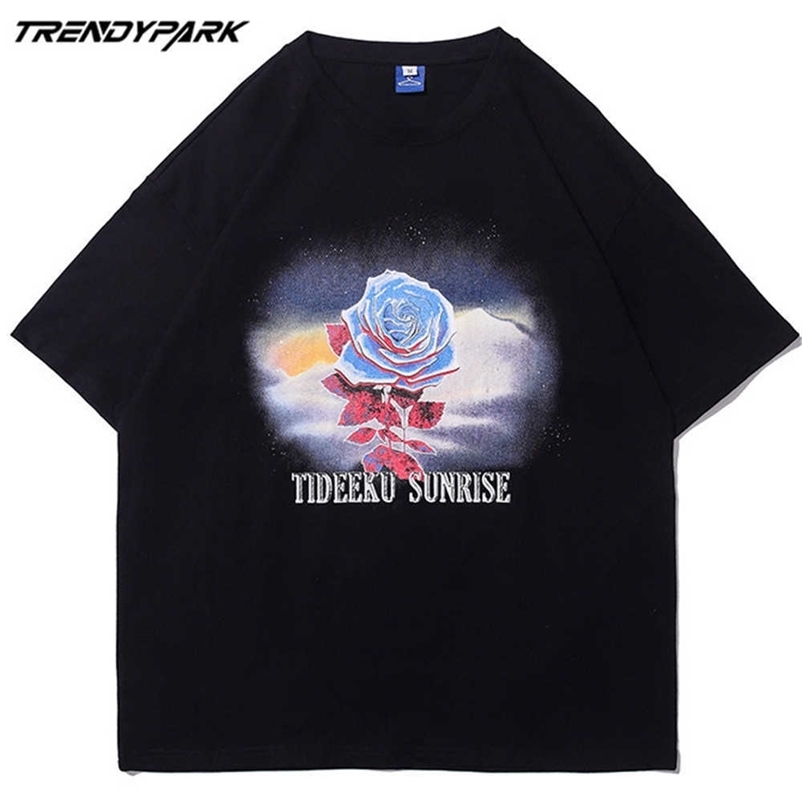 Men's T-shirt Flower Printing Summer Short Sleeve Printed Tee Hip Hop Oversized Cotton Casual Harajuku Streetwear Top Clothing 210601