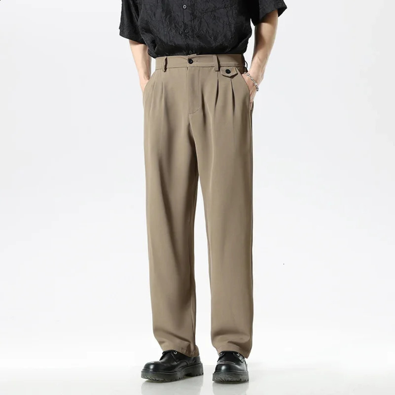 Mens casual loose straight pants button elastic waist Korean casual business Trouser mini waist button 250427