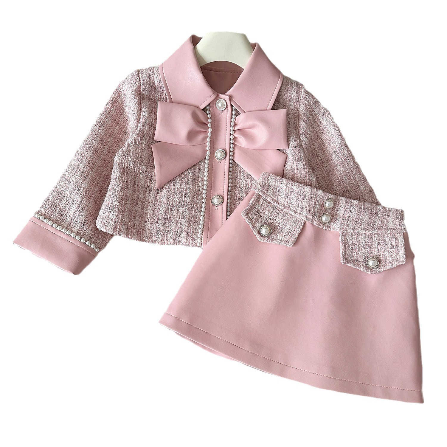 New children's dress set - autumn style - little girl's chic pink coat, short dress and skirt in French high-end two-piece set