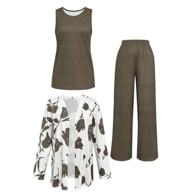 omen's Autumn Winter French - Style 3 - Piece Set: Floral Printed Cardigan + Tank Top + Wide - Leg Pants, Milk Silk Casual Commute Outfit-CF55025