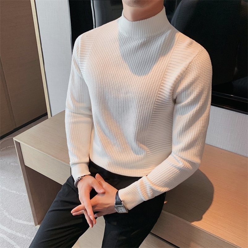 Men's Sweaters Legible Autumn Winter Warm Sweaters Men Solid Mock Neck Knitted Pullovers Male Slim Fit Sweater for Man 230808