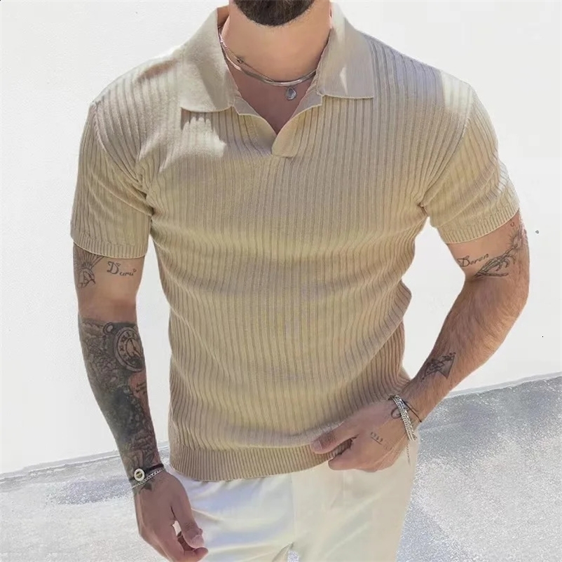 summer fashion knitted striped solid color short sleeved mens polo shirt casual retro collar T-shirt mens top 241203