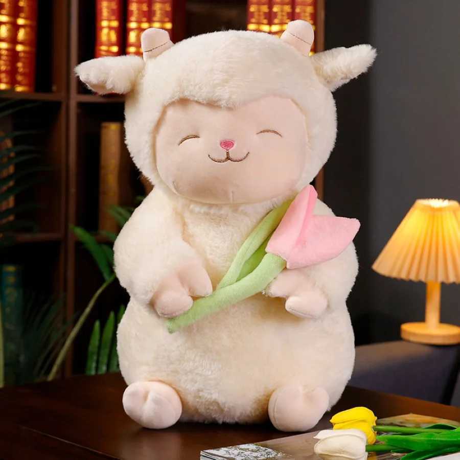 Kawaii Sweet White Sheep Lam Hold Tulip Flower Plush Doll Soft Stuffed Lamb With Tulip Plushie Toy Cute Gift For Kid Birthday C250925