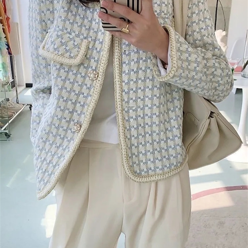 High Quality French Vintage Small Fragrance Tweed Jacket Coat Womens Spring Autumn Casual Fried Street Short Coat Plaid Outwear 240911