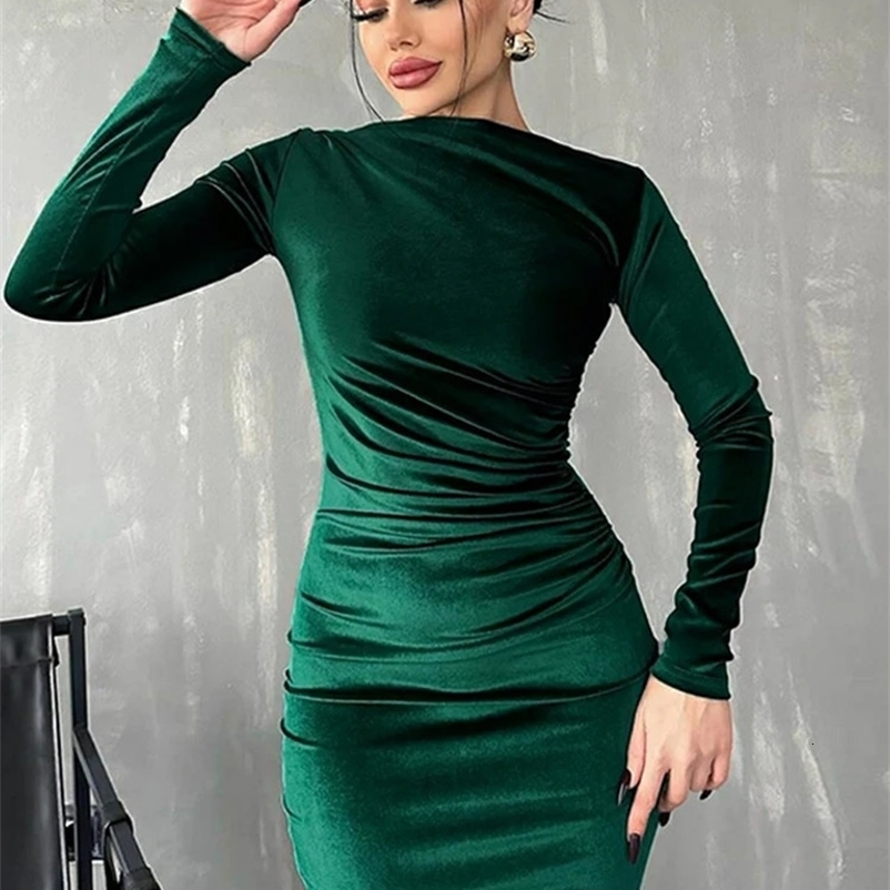 Dulgura Spring Summer Velvet Long Sleeve Midi Womens Ruched Long Dress Elegant Party Dress Evening Green Dress 250226