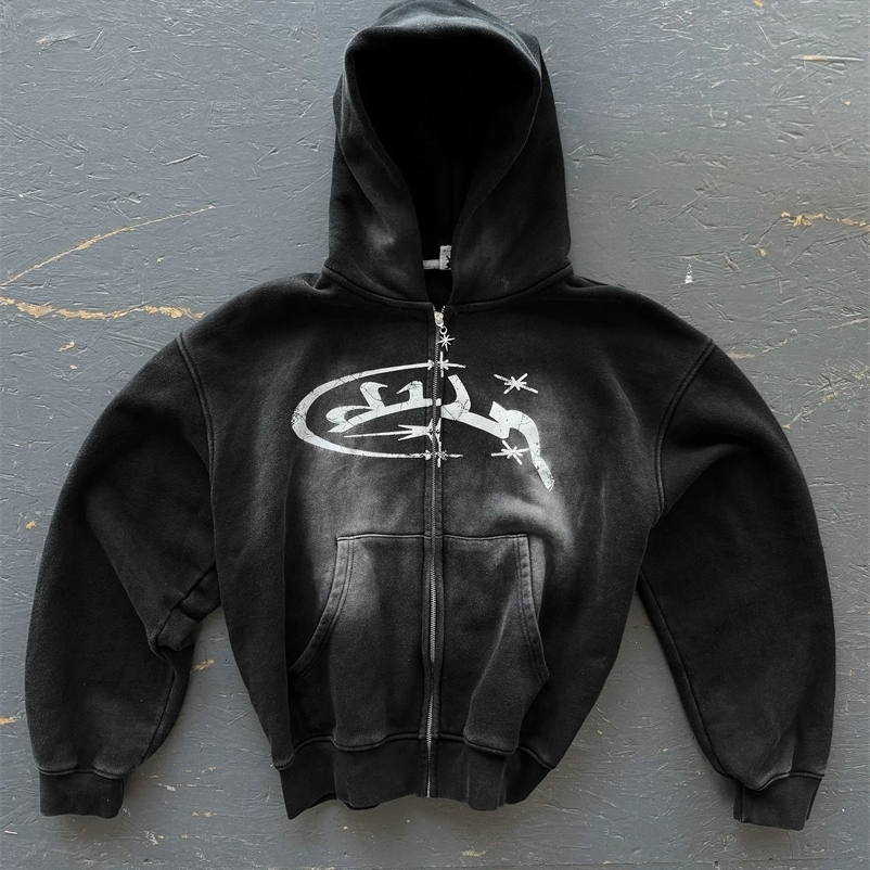 Y2k Retro Fashion Printed Zipper Hoodie Harajuku Hip Hop Long Sleeve Coat Loose Hoodie Mens and Womens Street Clothing 241231