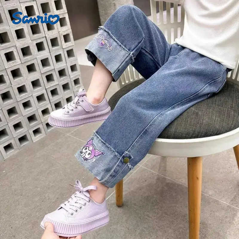 Sanrio Girl Cowboy Pants Kuromi Kawaii Anime Cartoon Fashion Student Motion WideLeg Jeans Casual Pants Children Clothing New L250925