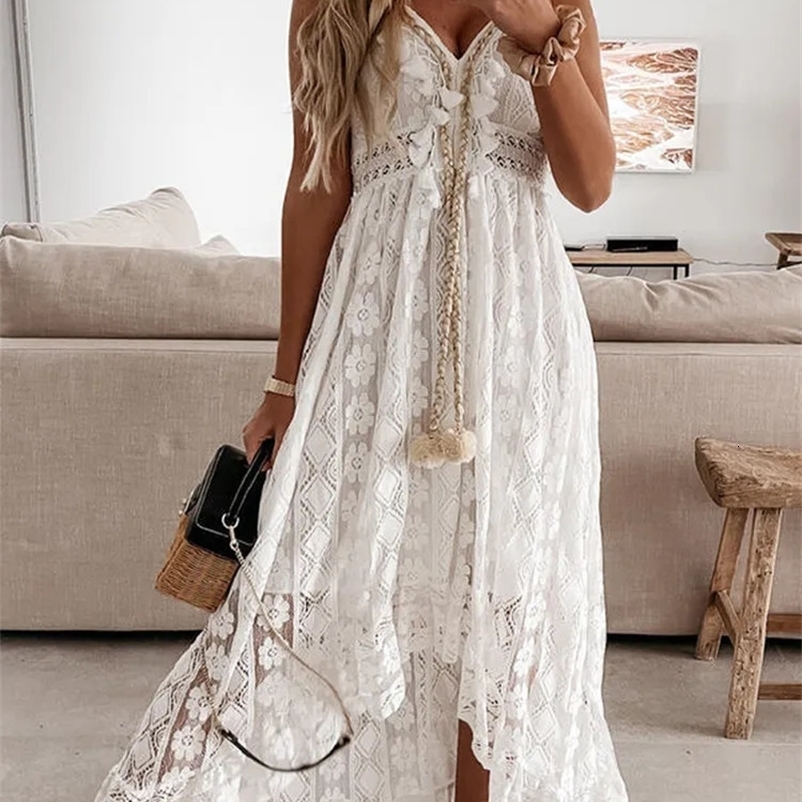 Womens lace bohemian style long dress solid color deep V-neck sleeveless beachwear high waisted A-line summer womens wild suspender dress 241231