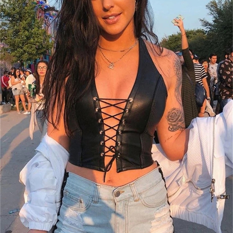 Nibber sexy punk Y2K black PU leather crop top womens backless vest summer vest fashion club clothing vest 250422