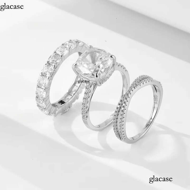 Sterling Dia Zircon Ring Set for Women Gold Plated Geometric Stone Wedding Sier Rings