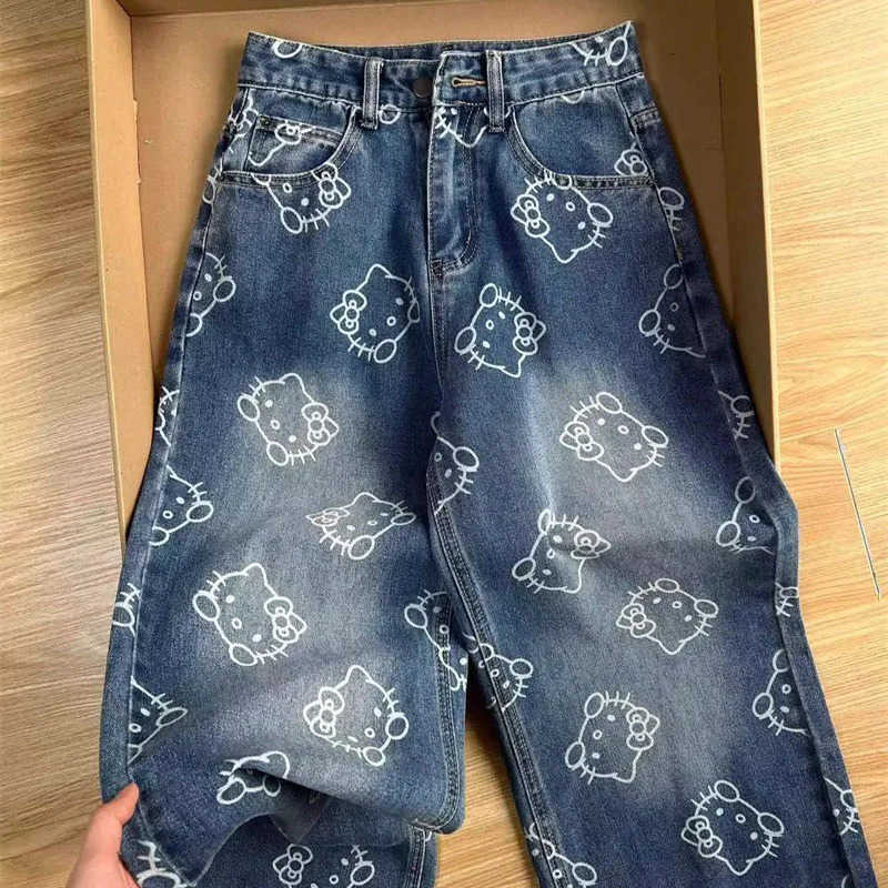 Sanrio Kawaii Hello Kittys Printed Jeans for Women Fashion High Waist Wide Leg Pant Cartoon Denim Pant Y2K Casual Trousers for Teenager L250925