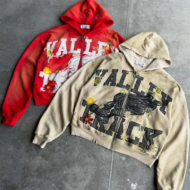 Harajuku Letter Wings Pattern Zip Up Hoodie Men and Women Casual Hoodies Clothes Hip Hop Retro Sweatshirt Hoodie Streetwear 250225