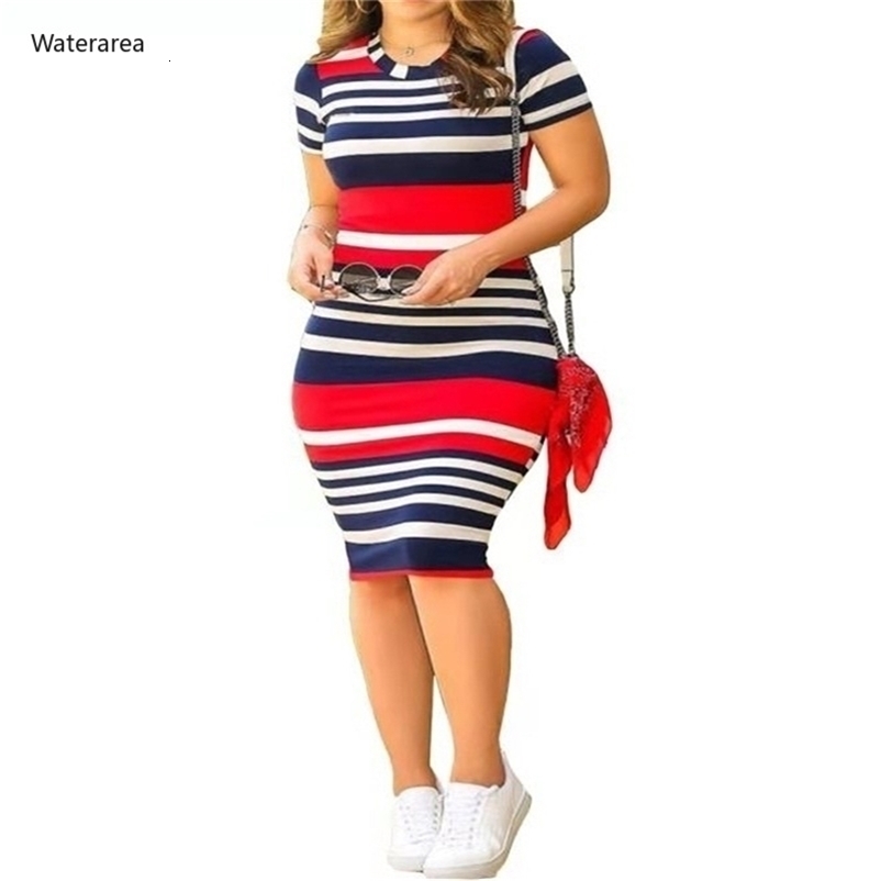 Summer Women O-Neck Short Sleeve Leaf Striped Print Bodycon Knee Length Dress Sexy Partynight Club DressTB5042 210630