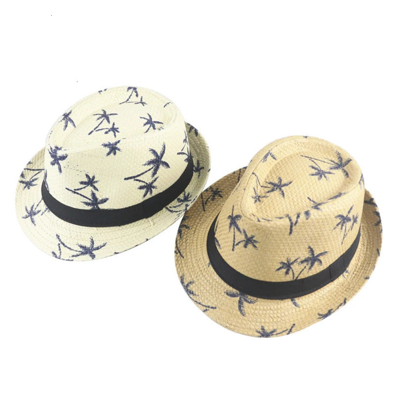Summer Children Straw Hat Print Baby Hats Kids Boys Panama Jazz Hat Outdoor Sun Beach Cap 250528