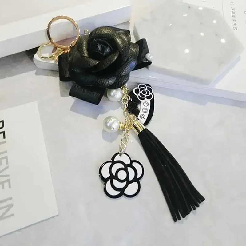 Fashion Korean Trendy Leather Bag Camellia Keychain Long Tassel Car Hanger Flower Key Chain Element Jewelry Hanger D250925
