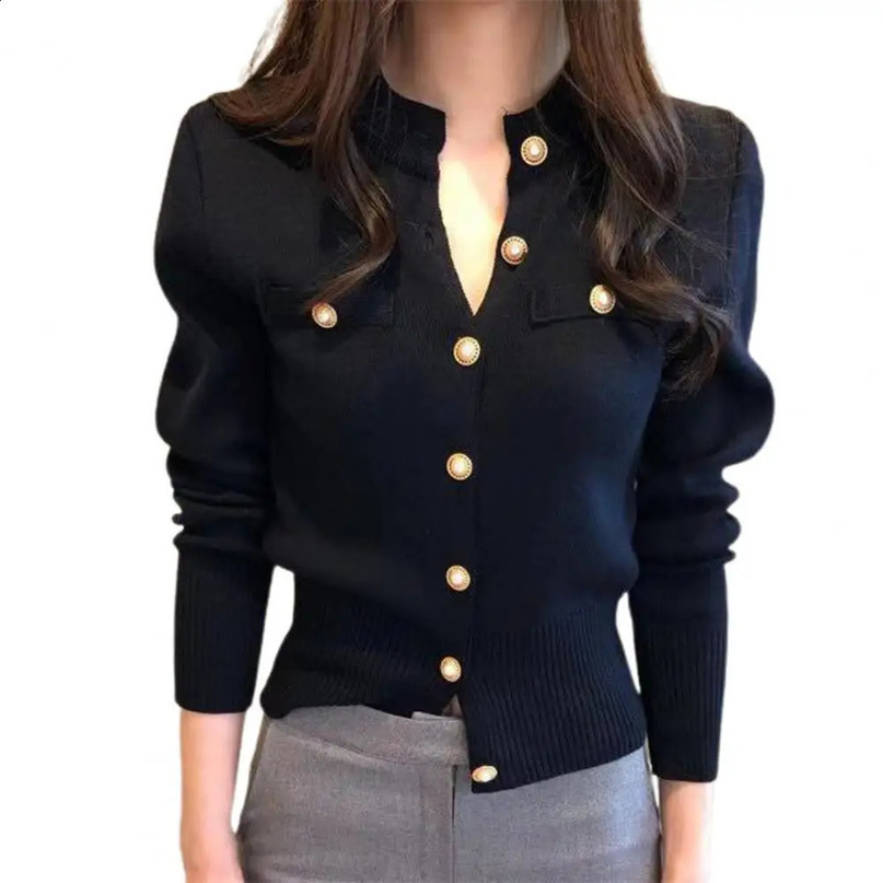 Stand Collar Cardigan Sweater Decorative Pockets Women Faux Pearl Buttons Solid Color Knitted Coat Outerwear 240730