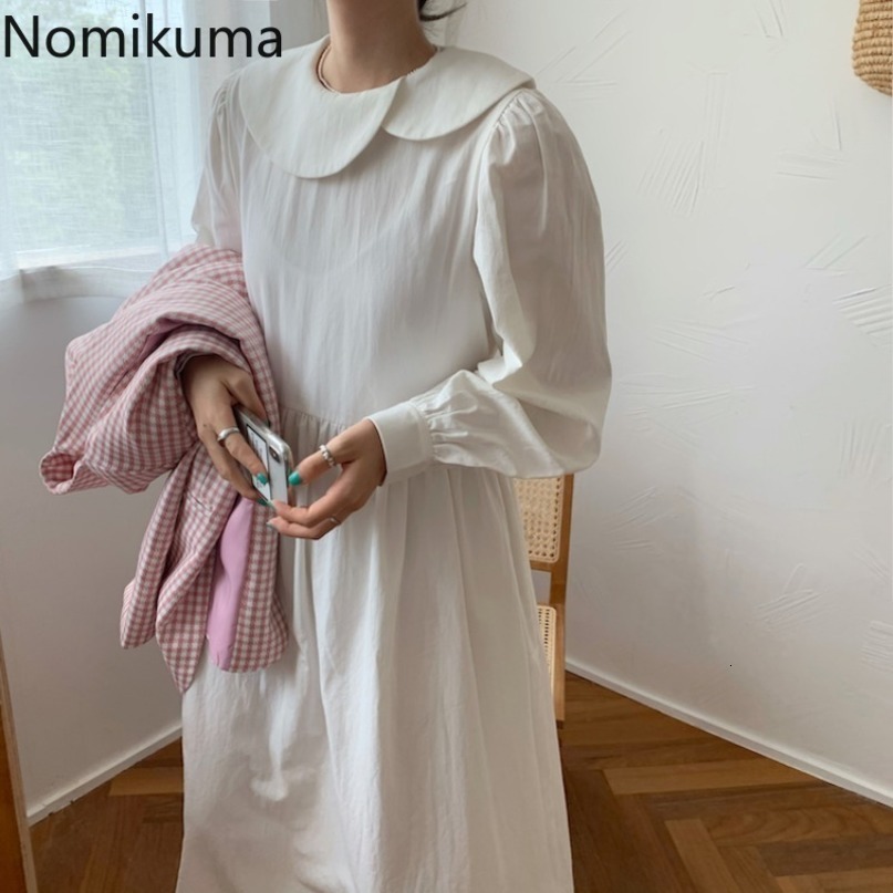 Nomikuma Korean Sweet Peter Pan Collar Women Dress Puff Sleeve Causal Solid Vestidos Femme Spring New Dresses 6F708 210427