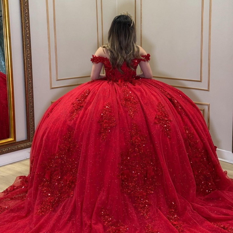 Red Shiny Quinceanera Dresses Off The Shoulder Applique Lace Beading Crystal Tull Party Birthday Sweet 16 Dress Vestidos 15 De Anos