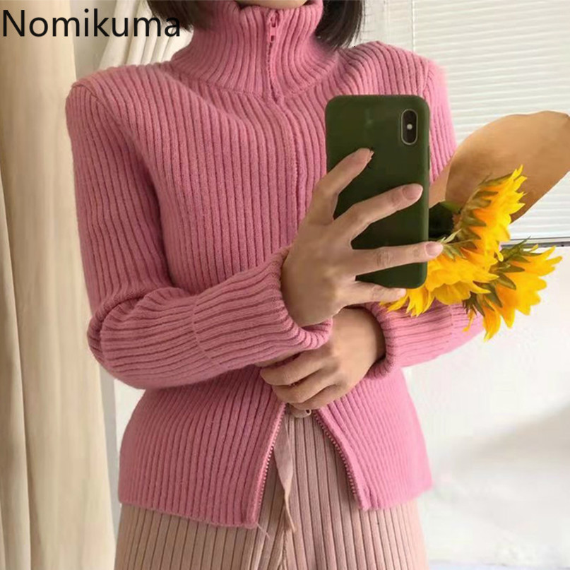 Nomikuma Korean Zipper Stand Neck Knitted Cardigan Long Sleeve Slim Women Sweater Coat Spring New Knitwear Jacket 6E147 210427