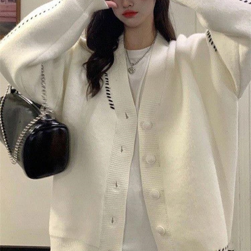 Women's Knits Tees Casual Knitted Cardigan Women Contrast Braided Stripe Long Sleeve Female Sweater Autumn All-match Single-breasted Coat 230912
