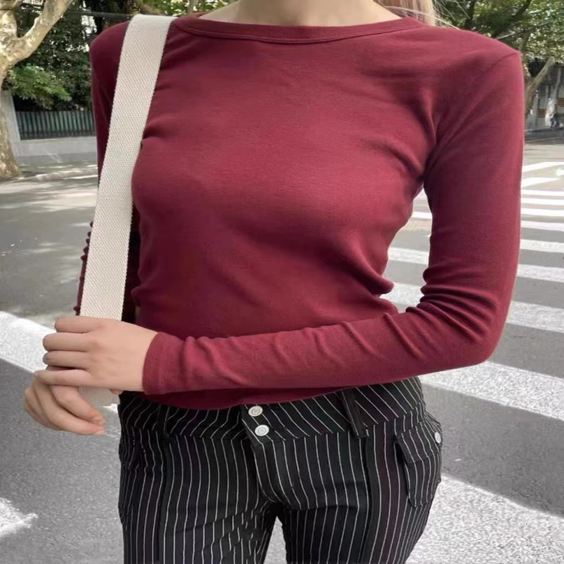 Red wine basic long sleeved womens round neck ultrathin cotton Tshirt autumn casual retro street wear Y2k 240814