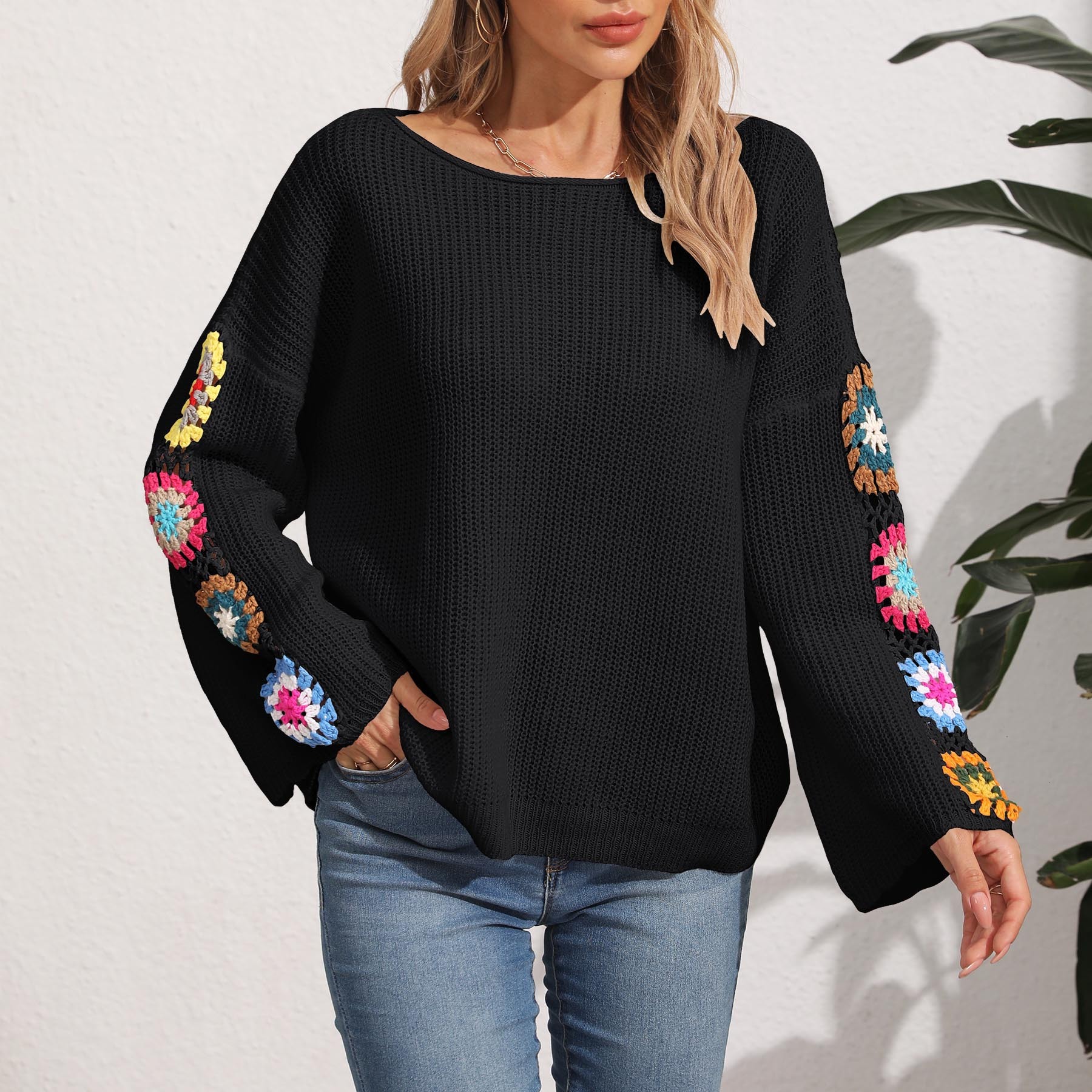 Pullover Autumn Winter Women's Off-Shoulder Loose Top Random Mixed Color Crochet Sweater